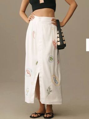 Maeve Embellished Midi Linen Wrap Skirt with Multicolor Embroidered Motifs
